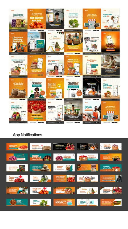 JOLO 2026 collection of grocery campaign designs and app notification banners