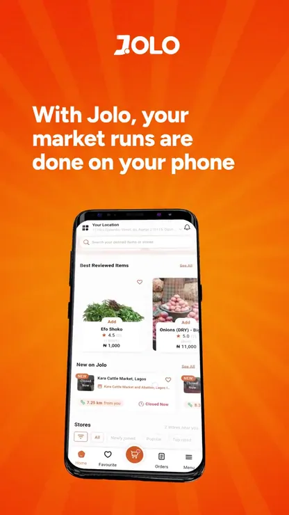 JOLO promotional motion showing market shopping, groceries and ordering on a phone