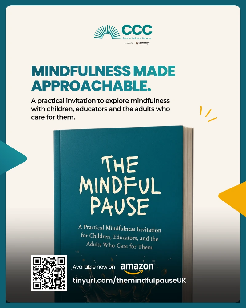The Mindful Pause book promotion with a teal frame and large book cover