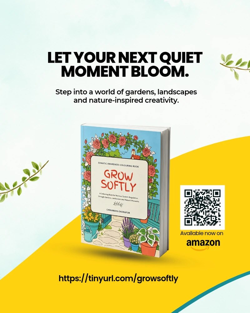 Grow Softly colouring book promotion with a diagonal yellow layout